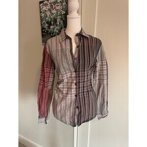 patchwork plaid button up long sleeve top